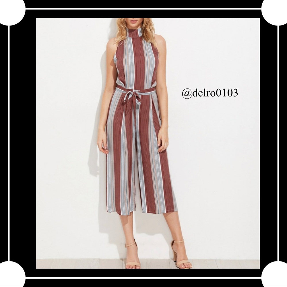 Pinstriped T-back Wide Leg Jumpsuit